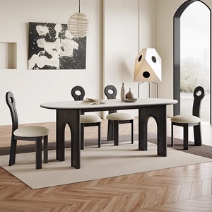 Table à manger rectangulaire en bois massif, plateau en pierre noire, design de luxe, usage domestique, haut de gamme - Product Image 1