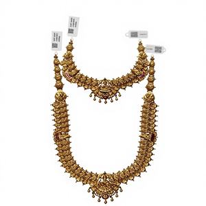 22K Solid Gold Temple Necklace <b>Set</b> | Traditional <b>Indian</b> Bridal <b>Jewellery</b> | Antique Finish Handcrafted Gold Haram - Product Image 1