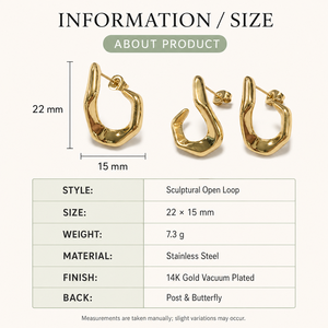 Boucles d'oreilles clous sculpturales à boucle ouverte, en acier inoxydable avec finition plaquée or 14K sous vide, boucles d'oreilles asymétriques modernes et audacieuses - Product Image 4
