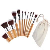 JLY 11 Pcs Pinceaux de maquillage écologiques à manche en bambou, Trousse de cosmétiques portable pour voyage, Pinceau de maquillage portable pour voyage