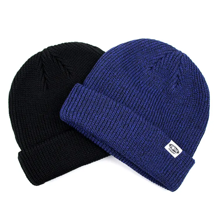 Sombrero corto tejido con borde enrollado para hombre y mujer, gorro de punto con logotipo de la etiqueta, Color azul real y negro, Color sólido, 2022