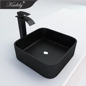 Lavabo moderne de luxe en granit composite noir, lavabo de comptoir en pierre de quartz de forme carrée, lavabo de salle de bain fait à la main