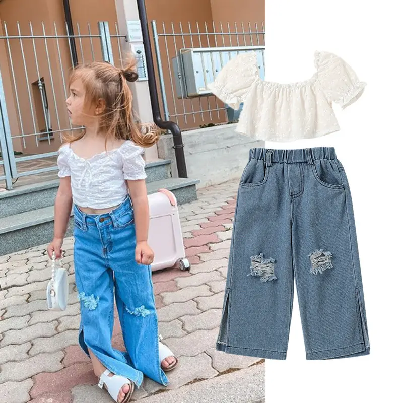 Boutique Baby Girl Kleding Outfits Wit Kant Shirt Met Losse Rechte Jeans Denim Broek Sets