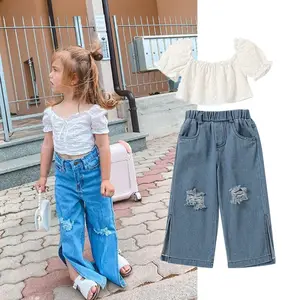 Boutique Baby Girl Clothes Outfits White Lace Shirt with Loose Straight Jeans Denim Pant Sets