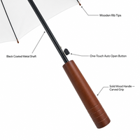 Parapluie promotionnel durable en RPET, tissu pongé blanc, manche en bois, ouverture automatique, fermeture manuelle, logo personnalisé imprimé