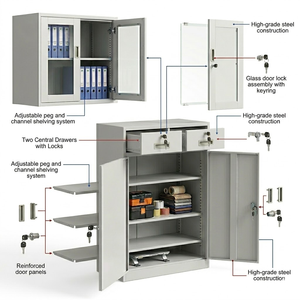 Armoire <span class=keywords><strong>de</strong></span> <span class=keywords><strong>rangement</strong></span> <span class=keywords><strong>de</strong></span> bureau moderne en acier avec portes en verre et 2 tiroirs centraux, meubles <span class=keywords><strong>de</strong></span> classement en métal robuste - Product Image 3