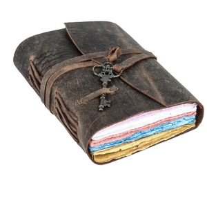 Vintage Brown Leather <b>Diary</b> Handmade Gift Multicolour Deckle Edge Soft Cover Sewing Binding Wood Pen Loop Key Strap Closure - Product Image 1