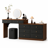Ensemble coiffeuse vintage en noyer noir avec miroir rond, tabouret et armoire de rangement pour chambre à coucher