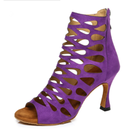 Chaussures de danse latine pour femmes adultes, bottes de danse jazz modernes, sandales à semelle souple et creuse de couleur violette, talons fins et hauts pour l'été