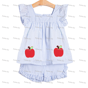 Vêtements pour enfants Ensembles de vêtements pour filles Seersucker d'été Retour à l'école avec appliques Apple Robes pour bébés filles - Product Image 2