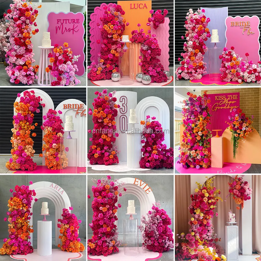 हस्तनिर्मित फूल व्यवस्था गुलाबी रेशम गुलाब फूल पंक्ति शादी के फूल कट्टर सजावट