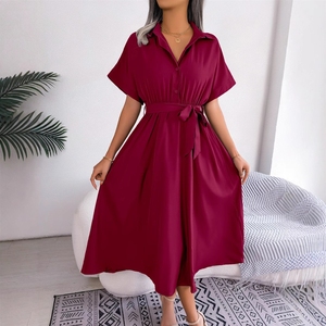 <span class=keywords><strong>Robe</strong></span> chemise longue décontractée de style européen et américain, couleur unie, avec <span class=keywords><strong>ceinture</strong></span>, <span class=keywords><strong>pour</strong></span> <span class=keywords><strong>femme</strong></span>, collection été (photo réelle) - Product Image 1