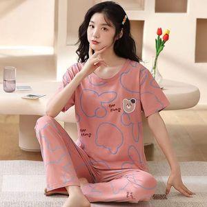 Pijamas Femininos Fofos de Primavera e Outono 2025, Conjunto de Camiseta de Manga Curta e Calças Longas em Fibra de Bambu, Estilo Cartoon, Roupas de Lazer - Product Image 2