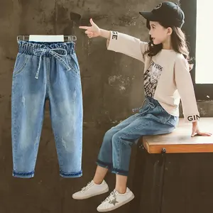 Демисезонные однотонные джинсы для девочек, модные джинсовые брюки для девочек с бантом, осенняя повседневная одежда для подростков, 2021