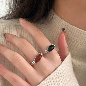 Silver Ruitai S925 Sterling Silver Red And Black Enamel <b>Ring</b> For Women French Retro Style <b>Adjustable</b> Opening Everyday Wear - Product Image 2