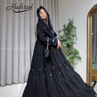 Abaya de Luxe Noire Hafizah pour Femme, Robe de Soirée Musulmane Bleu Foncé Broderie Florale, Kaftan Élégant Dubaï Turquie 2026