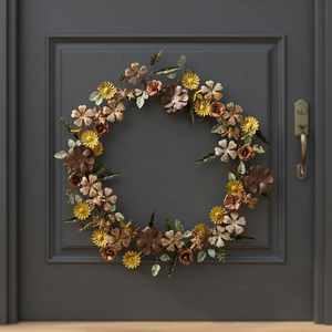 Corona floral metálica rústica hecha a mano, redonda, decorativa, con flores secas y cintas para decoración del hogar - Product Image 5