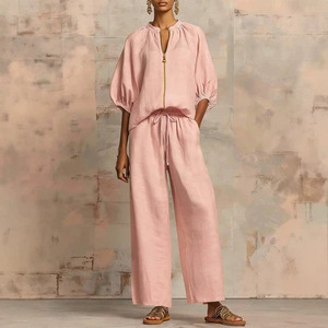 Combinaison décontractée unie à col zippé et jambes larges pour femme – Nouvelle collection été – <span class=keywords><strong>Combishort</strong></span> une pièce - Product Image 2