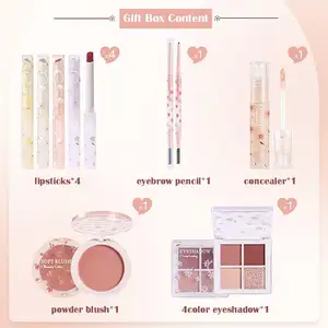 Kit de maquillaje para mujer 8 piezas juegos de maquillaje, 4 lápices labiales de colores y paleta de rubor de sombra de ojos 8 piezas caja de regalo