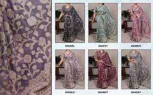 Sari de Mujer con Textura de Algodón y Seda Fluida en Azul Claro, con Estampados Florales Orgánicos, para Fiestas y Bodas, 5.5m de Largo, de Secado Rápido - Product Image 5