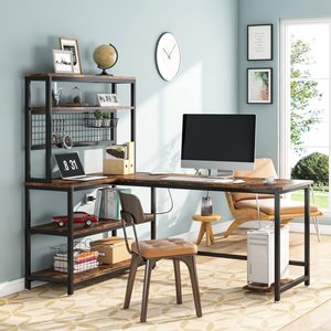 Bureau d'ordinateur en forme de L SENYU avec étagère, table de bureau en bois, étagères de rangement, poste de travail, mobilier pour la maison et l'étude - Product Image 1