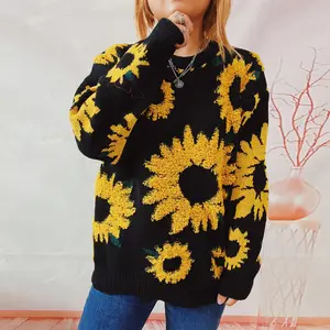 Individueller Herbst Winter neues koreanisches Oberteil Sonnenblumen-Jacquard rundhalsausschnitt lange Ärmel gestrickte Pullover-Sweater für Damen