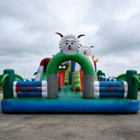 Parcours d'obstacles gonflable à thème « Pleasant Goat Big Big Wolf » en PVC écologique vert/bleu de qualité commerciale