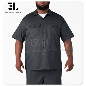 LARSUR Custom Clothing Manufacturer Wrinkle Resistant Cotton Twill Short Sleeves Work Shirts Button Up Mechanic Cargo Work Shirt