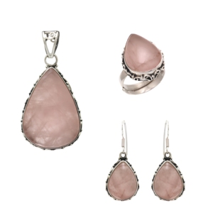 Pink Rose Quartz 925 Sterling Silver Jewelry Set Water Drop Pendant Earrings Adjustable Band Ring Vintage Style Women's Everyday - Product Image 1