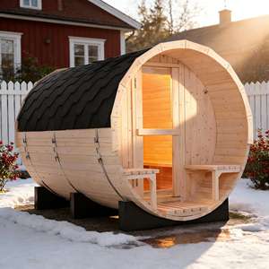 6 Person Heavy-Duty Solid White Pine Barrel Sauna - Outdoor Backyard Sauna with Reinforced Front Porch and UV-Resistant Finish - Product Image 1