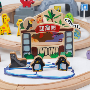 Ensemble de <span class=keywords><strong>train</strong></span> en bois en gros pour enfants avec 82 pièces de rails, pont, tunnel, animaux du zoo, jouet éducatif précoce pour enfants - Product Image 2