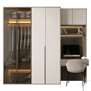 Armadio di Lusso Balom in Legno Massello per Camera da Letto con Porta in Vetro LED, Ampio Spazio di Stoccaggio, Scrivania Integrata e Specchio - Product Image 1