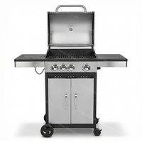 Barbecue à gaz sur chariot en acier inoxydable 3+1 brûleurs, grille en fonte, brûleur latéral, thermomètre, armoire, 4 roues pour jardin et cour