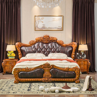 Lit double de luxe en cuir d'ébène de style européen, lit queen-size en bois massif sculpté, modèle 2303 pour villa et chambre de mariage