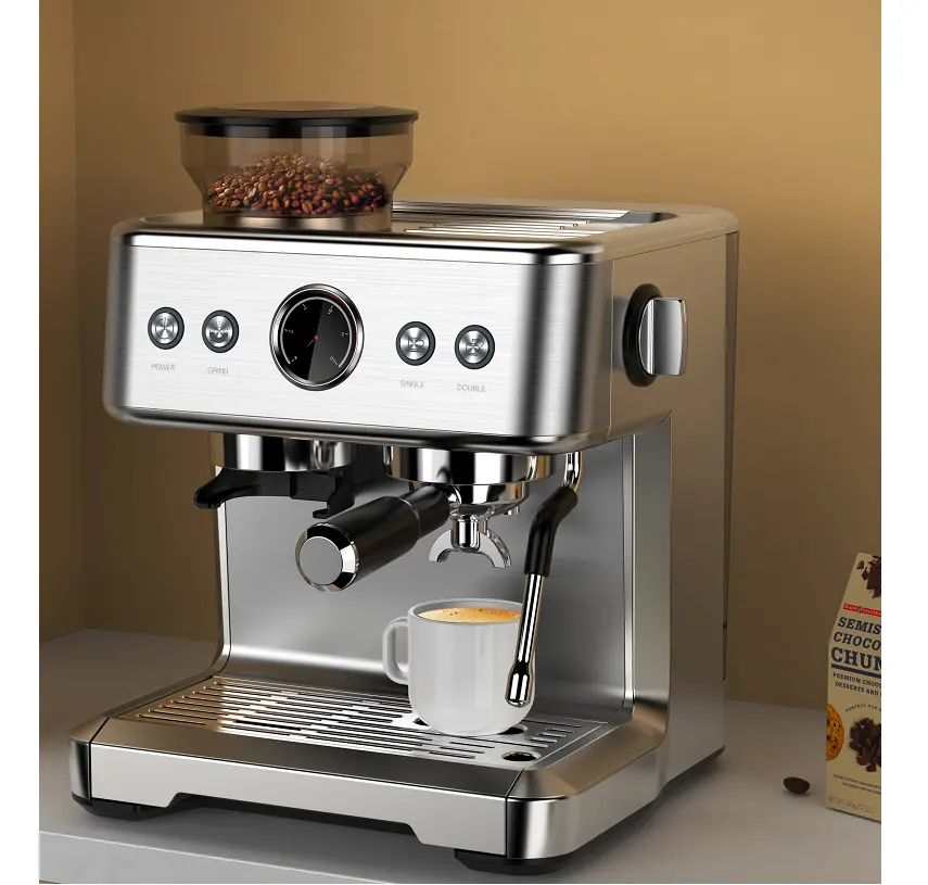 Cafeteira espresso prateada com controle de temperatura, máquina de café expresso com 2 copos de prata