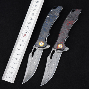 Pisau taktis baja Damaskus pisau lipat luar ruangan gagang serat karbon merah GT-DM026 - Product Image 1