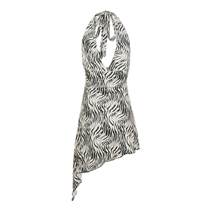 Robe de plage asymétrique mi-longue à imprimé animal sexy, col halter, dos nu, taille naturelle pour femme - Product Image 6