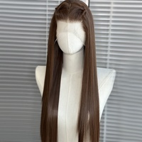 Wig lurus panjang sutra coklat muda untuk WANITA HITAM 13x6 garis rambut alami wig depan renda sintetis tahan panas