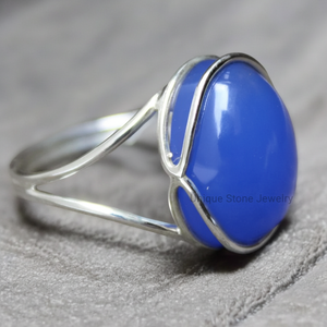 Bague en argent sterling 925 faite à la main pour femmes calcédoine bleue naturelle pierres précieuses diamant plaqué or bijoux certifiés IGI - Product Image 1