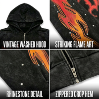 Fabricant de sweats à capuche personnalisés Y2K Archive Mineral Wash |   Papier lourd 450 g/m² |   Série Atelier Gothique : Manches à Motifs Flammes et Strass