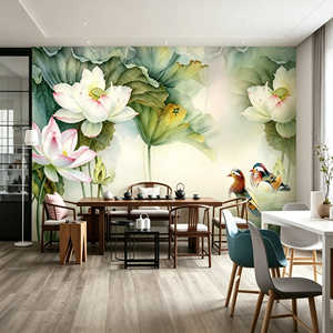 Custom Waterproof <strong>Canvas</strong> 3D <strong>Wall</strong> Mural Wallpaper Flower Duck Lotus Chinese Style Oil Painting Bedroom Living Room Peel and Stick - Product Image 1