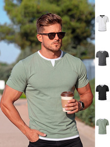 High Quality Men's Short Sleeve Casual T-<b>Shirt</b> Small V-Neck Solid Color Block Design Tshirt for Young Adult Cross-Border T <b>shirt</b> - Product Image 1