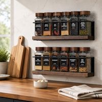 Étagère à épices murale à 2 niveaux avec 12 bocaux en verre, entonnoir et étiquettes, rangement pour épices en bois pour cuisine et garde-manger