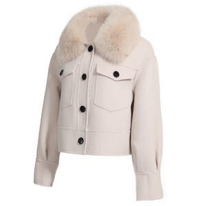 Wholesale Single Breasted Cropped Cashmere <strong>Women</strong> <strong>Coat</strong> Fluffy Real Fur Collar Elegant Custom Soft Double Faced Wool Winter <strong>Coat</strong> - Product Image 2