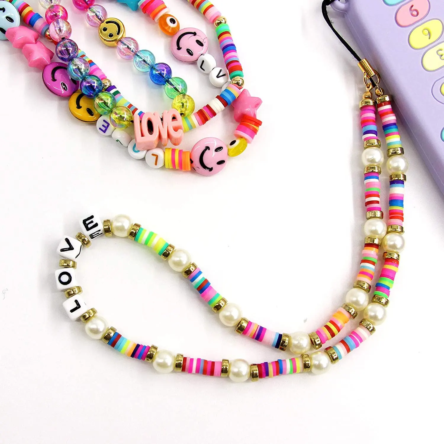 Fashion Jewelry beaded Rainbow Fruit smaily face style mobile phone chains beads women phone strap phone charms