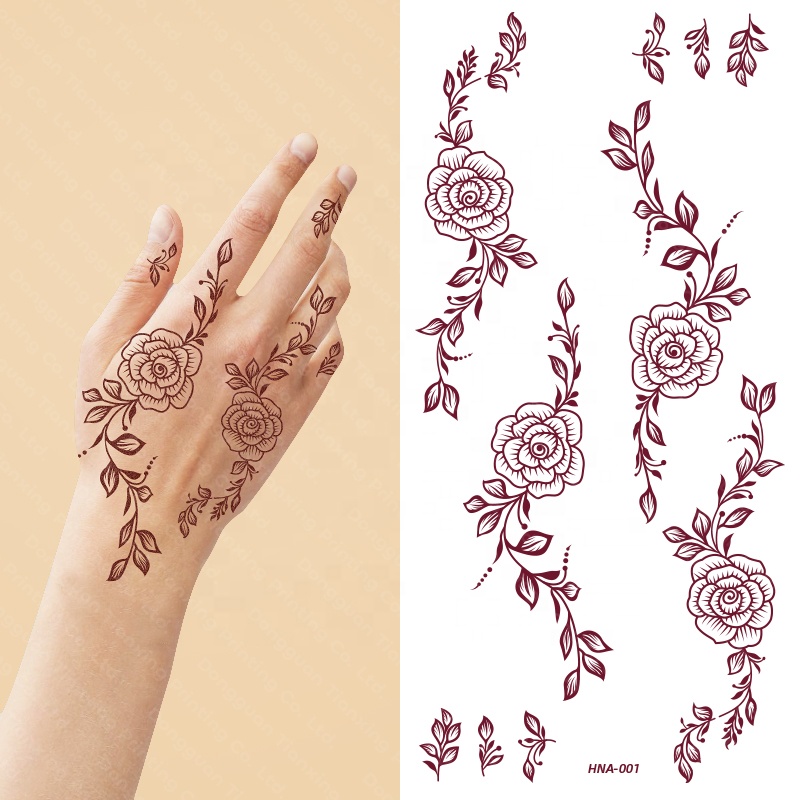 Venda imperdível tatuagem temporária de transferência de água com desenho de rosa Mehndi de duas mãos marrom adesivo de henna à prova d'água