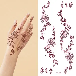 Venda imperdível tatuagem temporária de transferência de água com desenho de rosa Mehndi de duas mãos marrom adesivo de henna à prova d'água