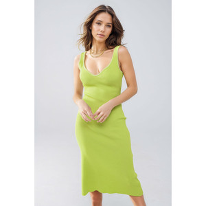 ชุดเดรสทรงเอไลน์สีเขียวมะนาวแต่งขอบสีขาวสำหรับฤดูร้อน - Product Image 1