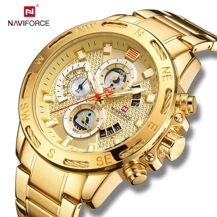 NAVIFORCE-Reloj de pulsera de cuarzo para hombre, cronógrafo de oro inoxidable 9165, resistente al agua