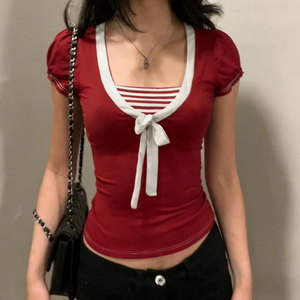 Camiseta de Manga Corta con Bloques de Color, Rayas y Lazo, Estilo Preppy, Diseño Juvenil y Dulce, Top Chic con Cintura Ajustada - Product Image 5